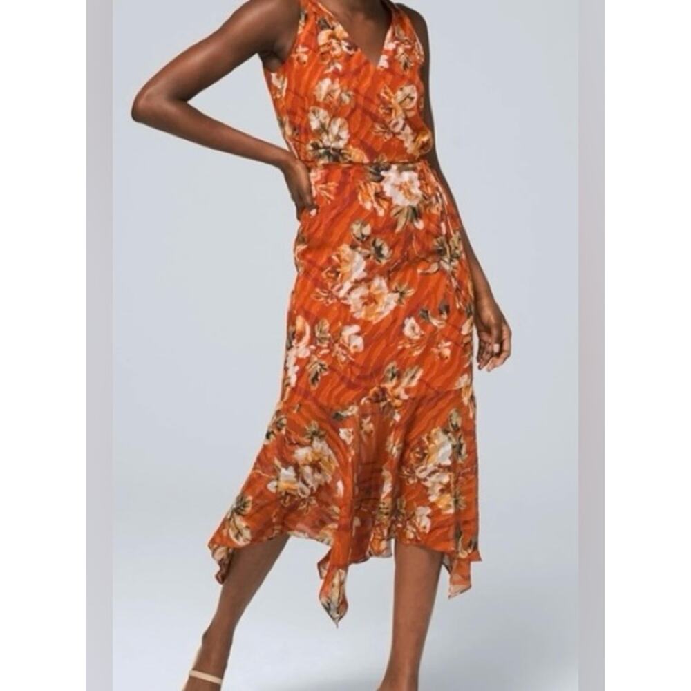NWT White House Black Market Faux Wrap Floral Burnt Orange Midi Dress Size 14 - Picture 2 of 10